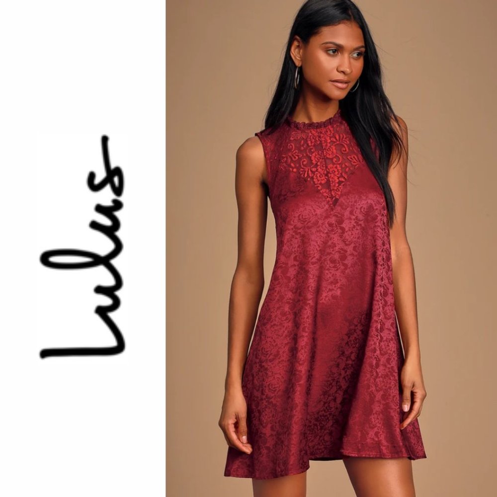 NWT Wine Red Floral Embossed Satin Swing Dress